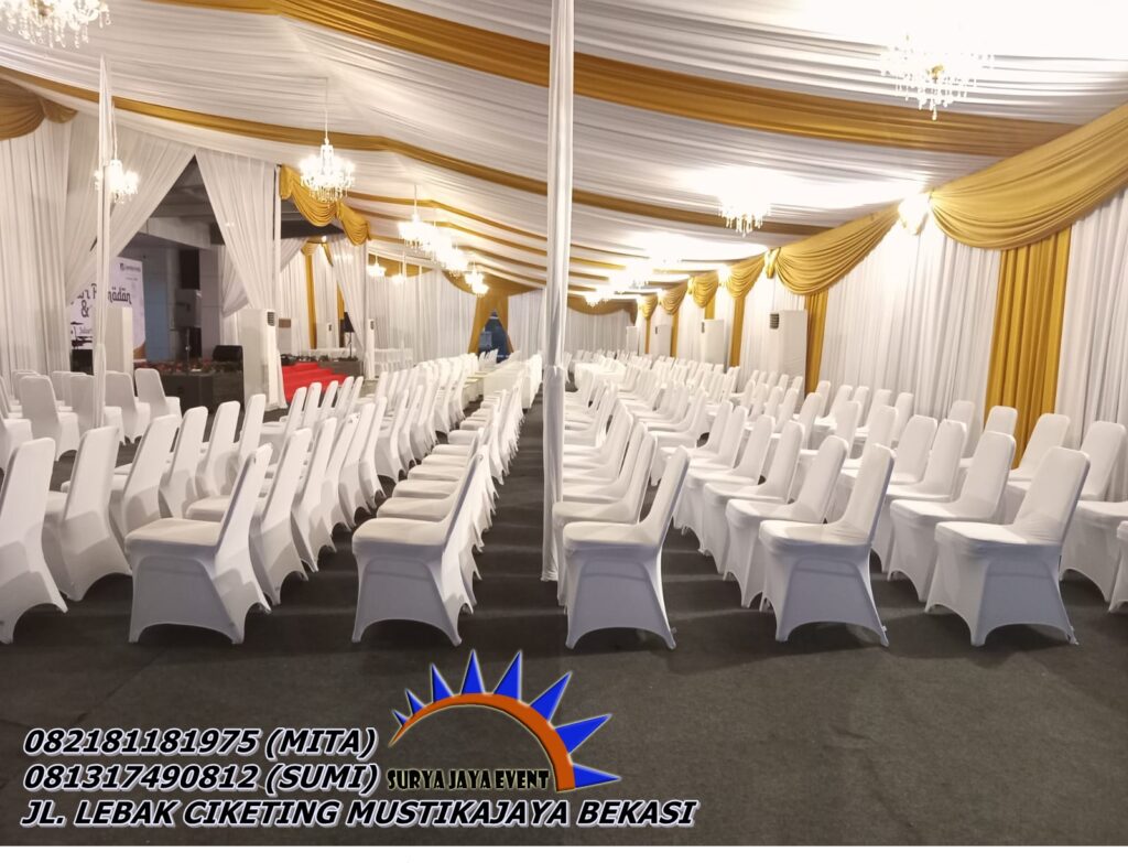 Sewa Tenda Konvensional Serut Gold Putih Meja Kursi Event Jamkrindo Jakarta
