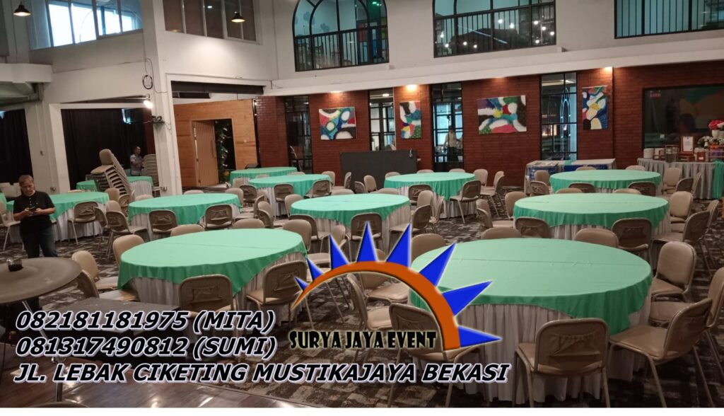 Jasa Sewa Meja Bundar Taplak Biru Toska Dan Putih di Jakarta