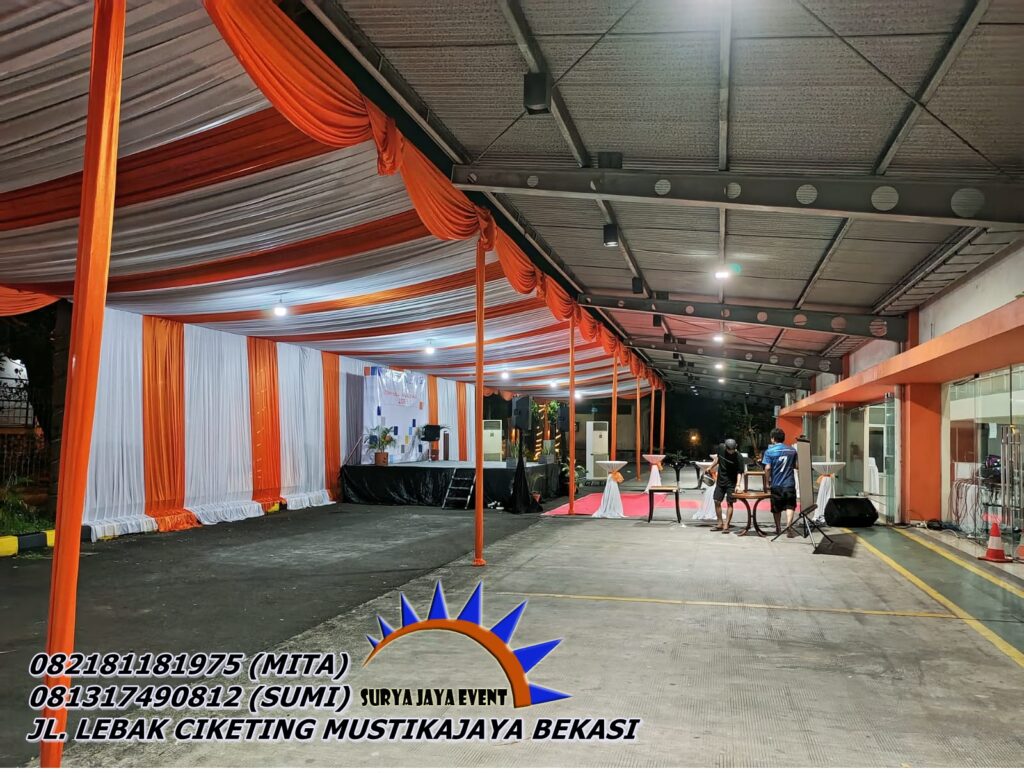 Sewa Tenda Konvensional Dekora Serut Orange Putih di BSD Tangerang
