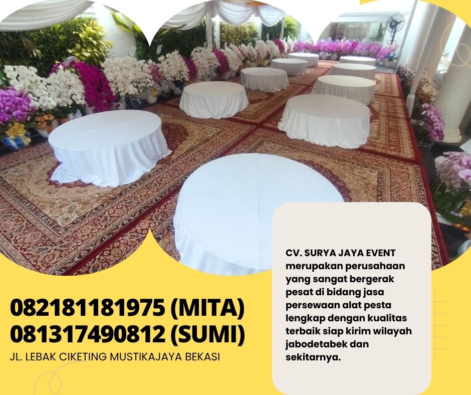 Rental Meja Bundar Lesehan Cover Putih Jakarta