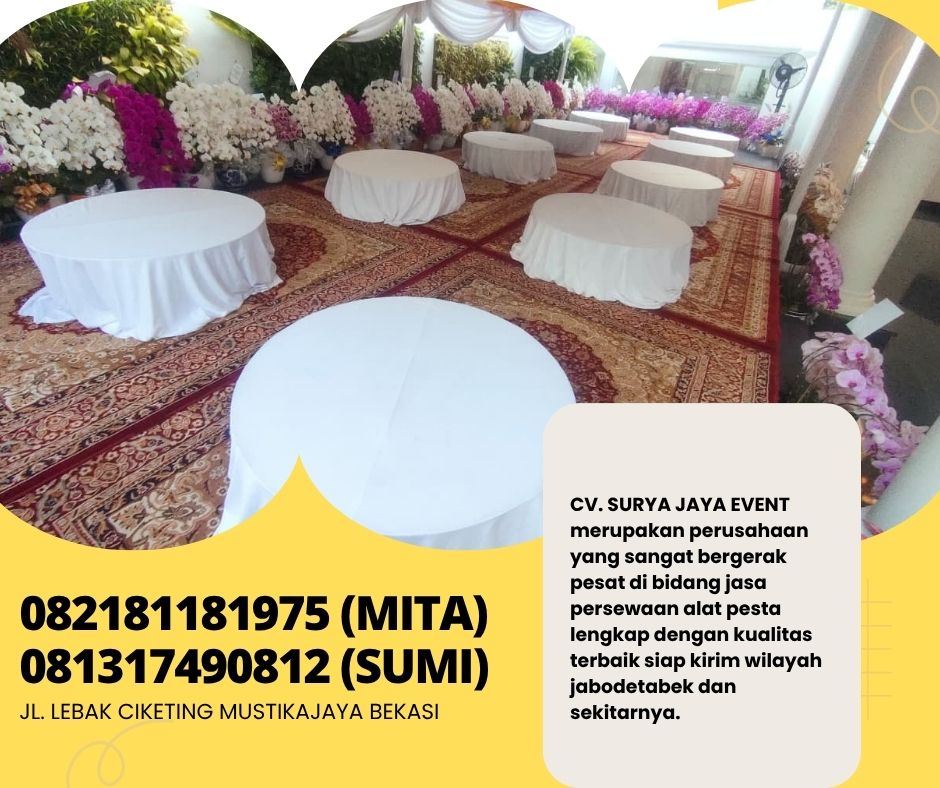 Rental Meja Bundar Lesehan Cover Putih Jakarta