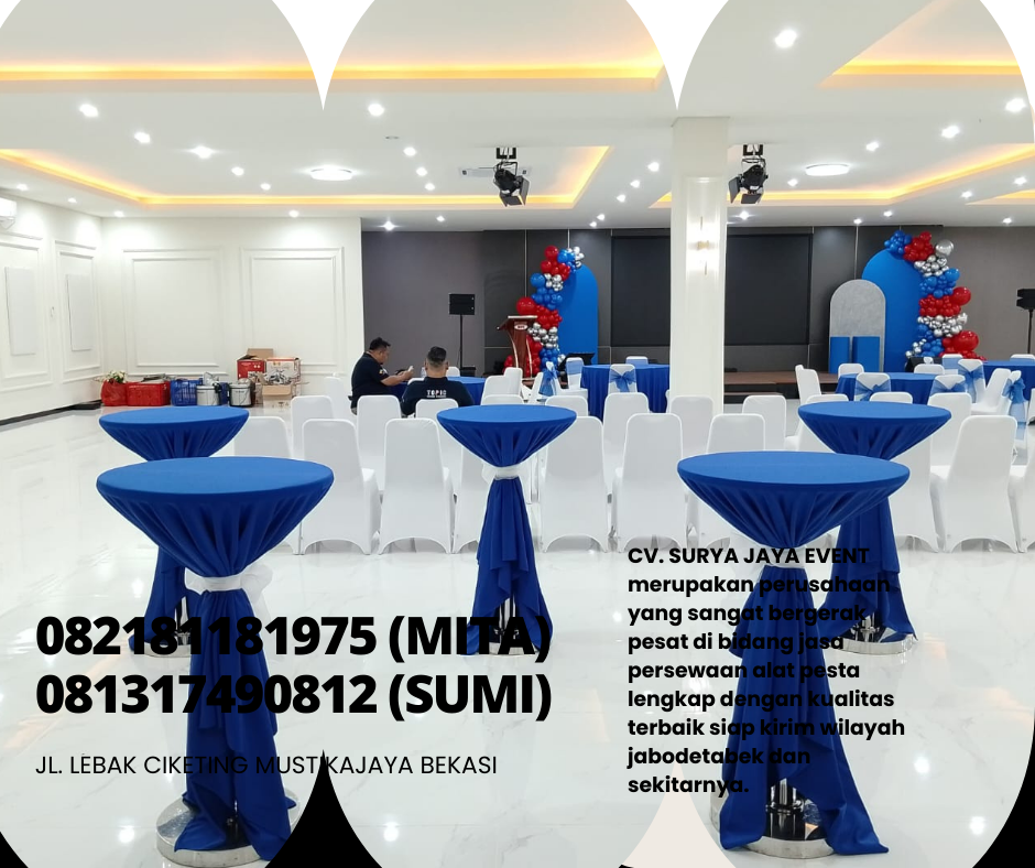 Sewa Meja Barstool Cover Biru Aksesoris Pita Jakarta