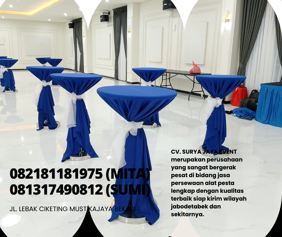 Sewa Meja Barstool Cover Biru Aksesoris Pita Jakarta