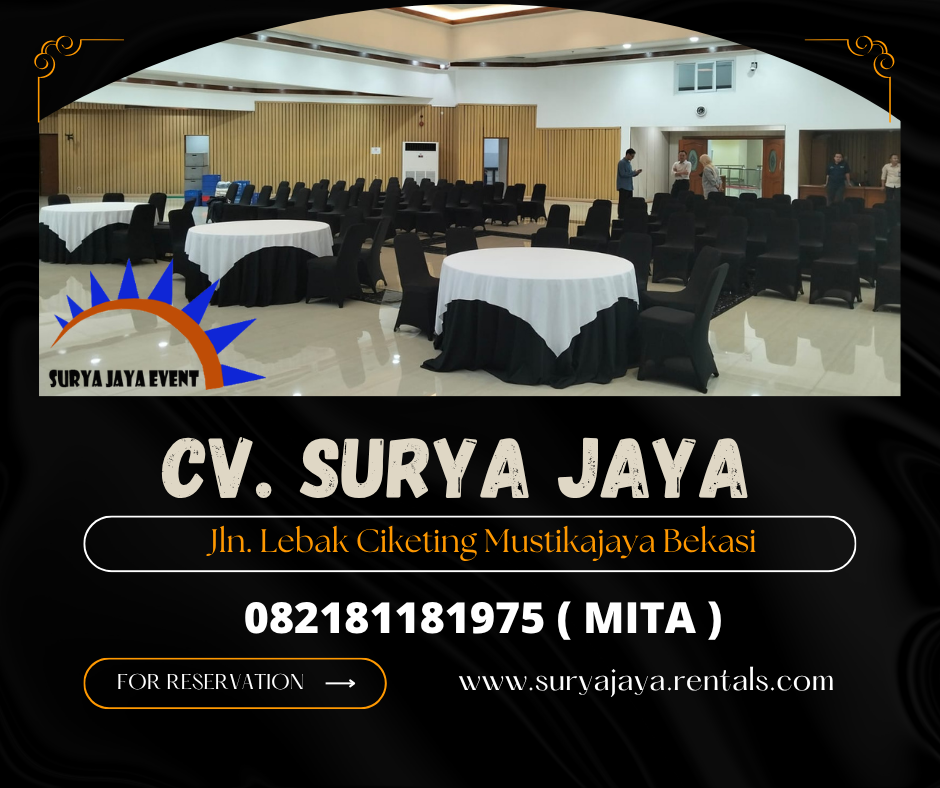 Rental Round Table Topping Putih Taplak Hitam Jakarta