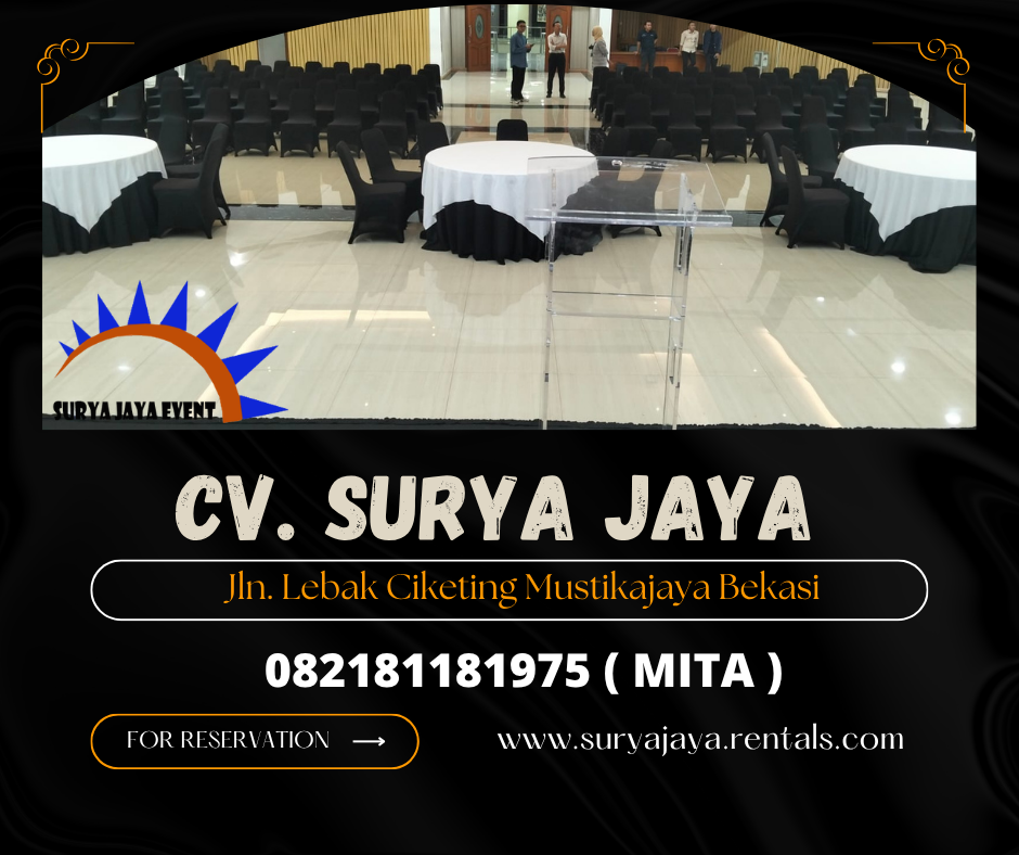 Rental Round Table Topping Putih Taplak Hitam Jakarta