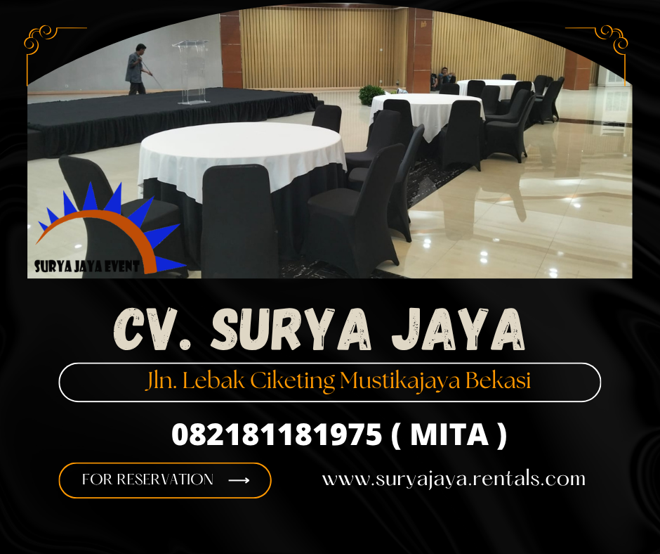 Rental Round Table Topping Putih Taplak Hitam Jakarta